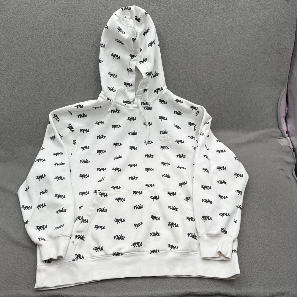 Nike Hoodie Mens 2XL White Allover Script Logo Pullover Fleece Kangaroo Pocket